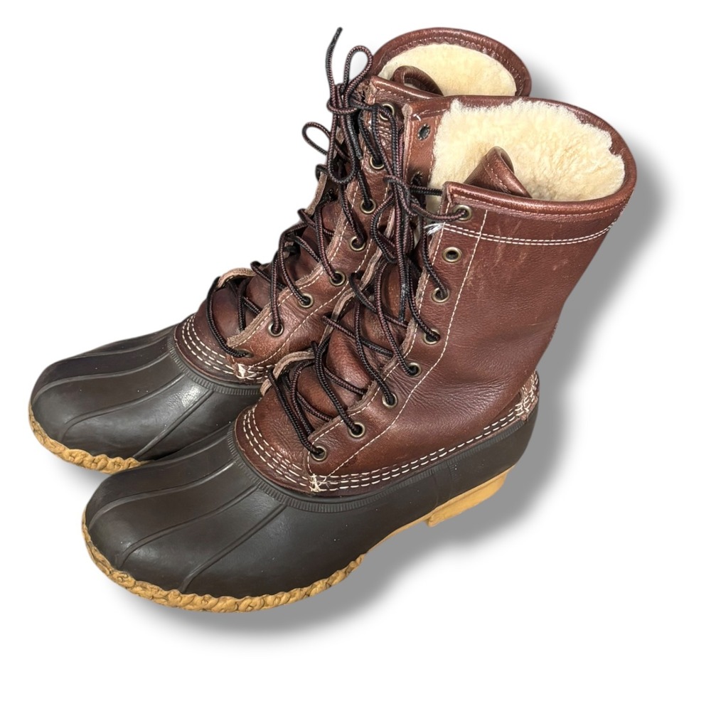 LL Bean Bean Boots Vintage Brown Leather Shearling Lined Duck Snow Boots USA Mae